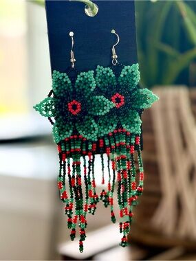 Handcrafted Green Beaded Floral Fringe Earrings with Red Accents